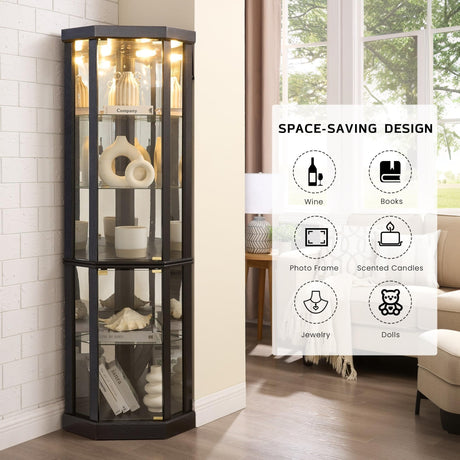CKEASEAN Corner Curio Cabinet, 70" H Lighted Glass Display Cage with Tempered Glass Doors and 5 Adjustable Shelves, Light Bulb Inclued, Wine Bar China Cabinet for Living Room (Black) CKEASEAN