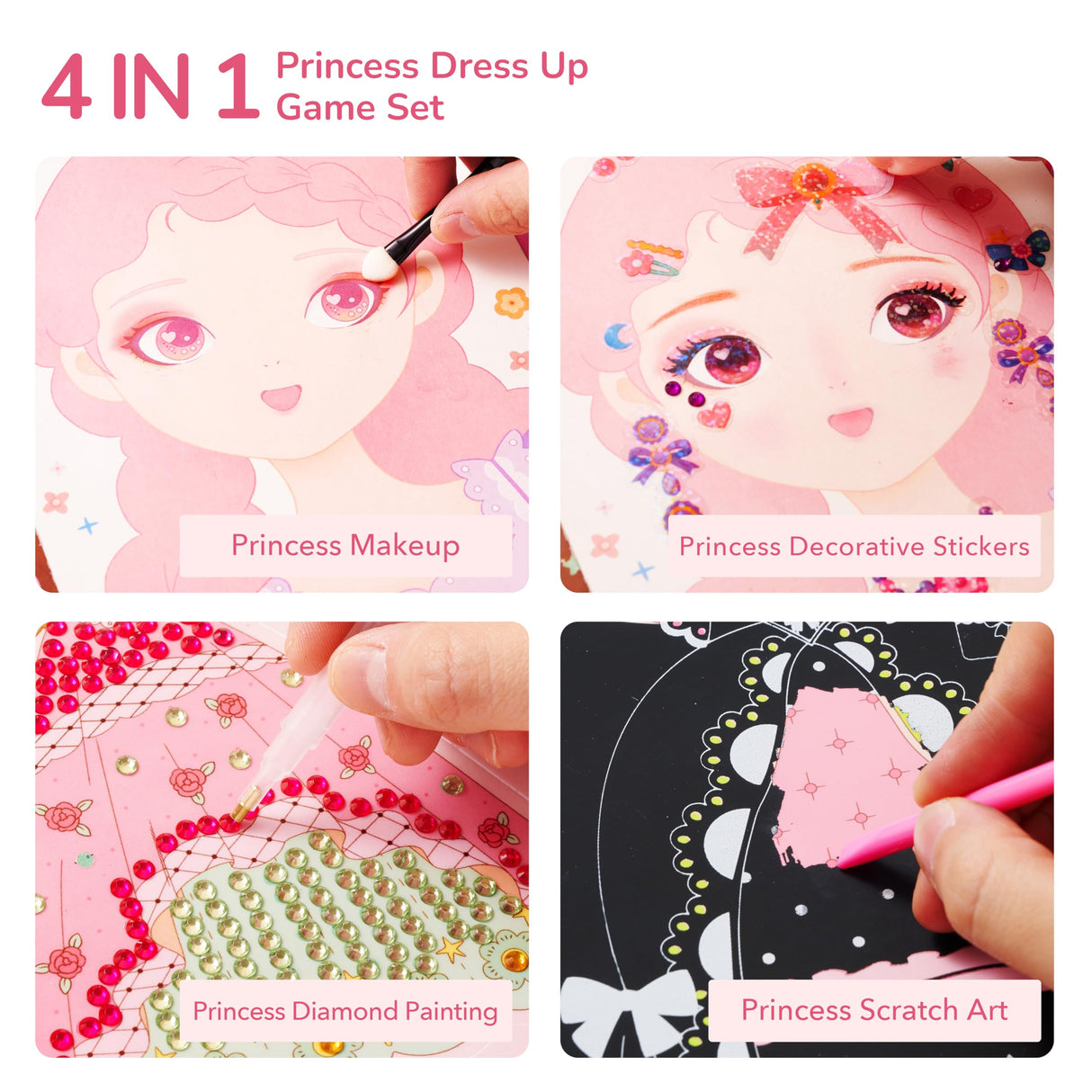 Mideer 4 in 1 Art Craft Kits for Kids, Princess Dress Up Game Set with Diamond Painting & Scratch Paper Art, Paper Fantasy Makeup Activity Art Craft Kits for Girls Age 3 4 5 6 7 8 MiDeer