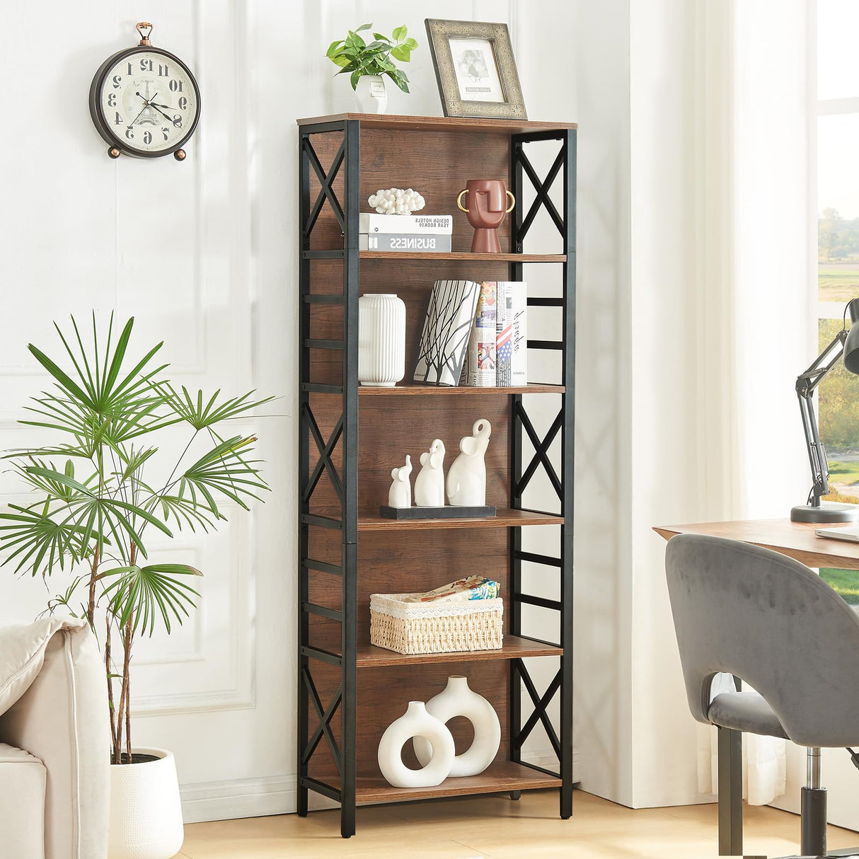 HOMBAZAAR 6 Tier Bookshelf, 65.8 Inch Tall Rustic Bookshelf with Metal Frame, Industrial Heavy Duty Bookshelves and Bookcases, Open Book Shelf for Office, Living Room and Library, Brown HOMBAZAAR