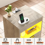 Gadroad LED Nightstand with Charging Station, Bedside Table with 3 Drawers and LED Lights, End Table Sofa Couch Side Table with Pull-Out Shelf, Grey Gadroad