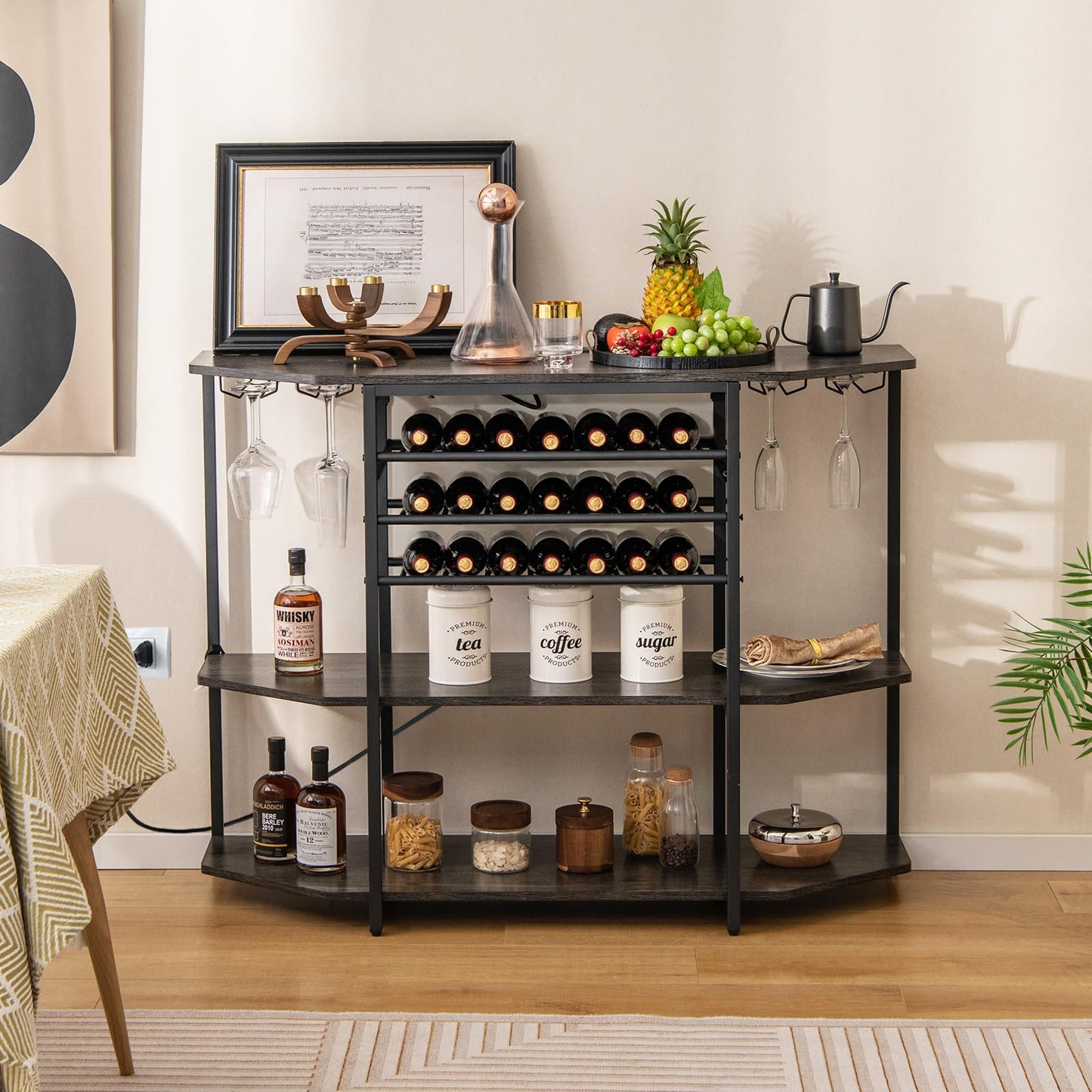 COSTWAY Wine Bar Cabinet, 3-Tier Liquor Cabinet with Power Outlets, Wine Bottle Racks, Glass Holders, Coffee Bar Cabinet, Freestanding Mini Bar Table for Kitchen, Dining Room, Pub (Rustic Grey)