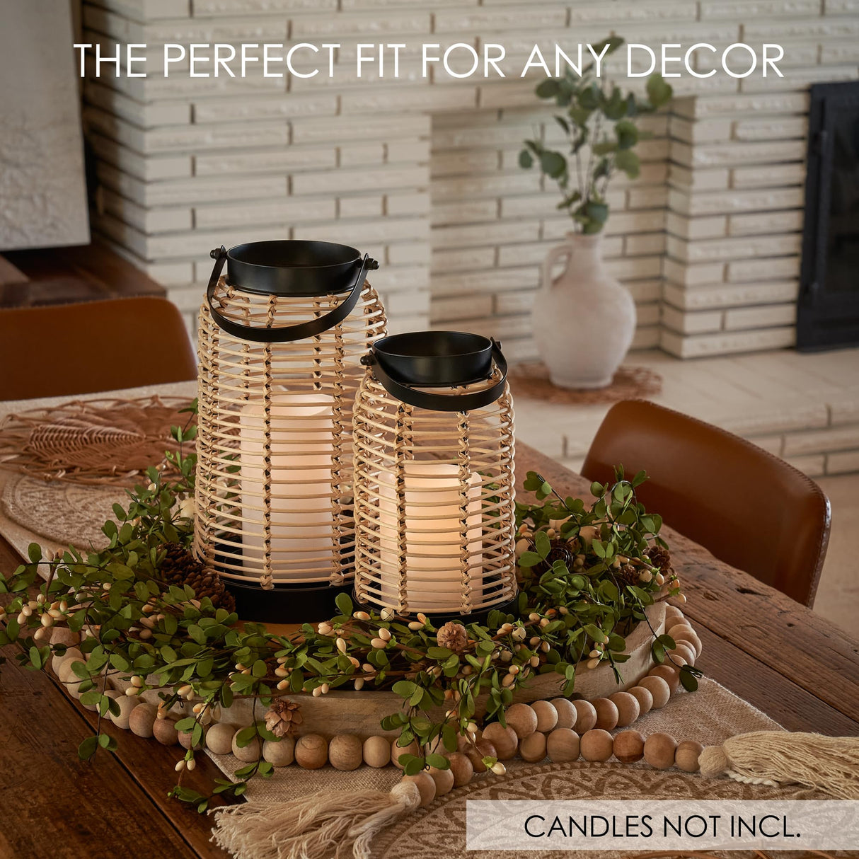Natural Rattan Boho Lanterns - Handcrafted Decor to Enhance Every Corner of Your Home - Modern Farmhouse Beauty Perfect for Any Living Room, Indoor Coffee Table or Kitchen Dining Table KIBAGA