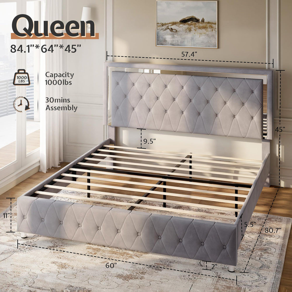 Jocisland Queen Bed Frame with LED Lights Headboard&Footboard, Velvet Upholstered Queen Size Platform Bed Frame No Box Spring Needed/Light Grey Jocisland