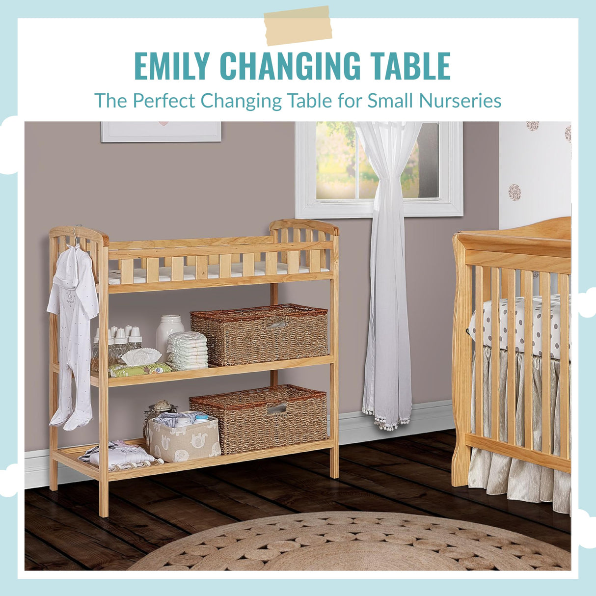 Dream On Me Emily Changing Table In Natural, Comes With 1" Changing Pad, Features Two Shelves, Portable Changing Station, Made Of Sustainable New Zealand Pinewood Dream On Me