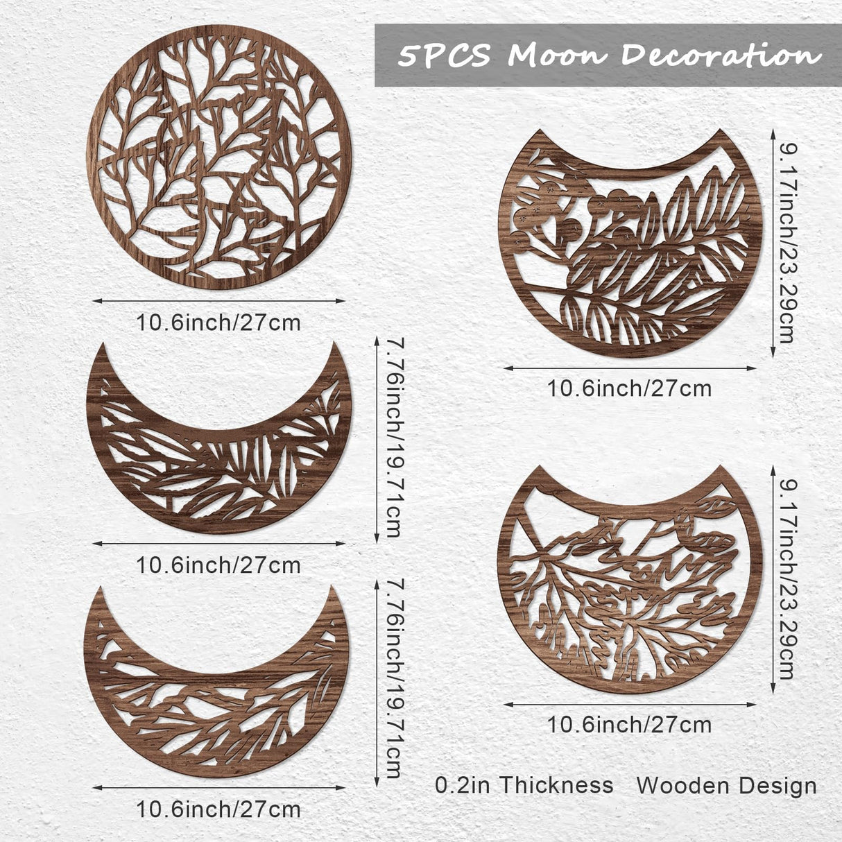 Jetec 5 Pcs Moon Phase Wall Decor Hanging Wooden Moon Phase Wall Art Nordic Art Boho Decor for Room Bar Ornament(Brown,10.6 Inch) Jetec