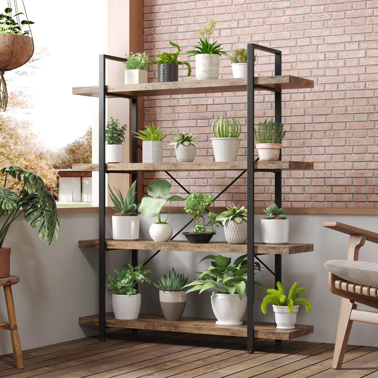 OtterOasis 4-Tier Industrial Bookshelf - Rustic Open Wood Display Shelf for Home & Office OtterOasis