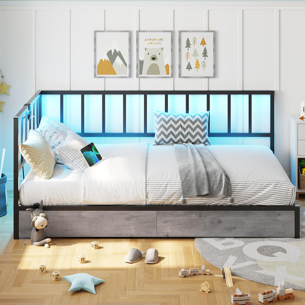 DICTAC Twin Size Corner Bed Frame with 2 Storage Drawers and Led Lights Metal Platform Bed Frame with Charging Station Modern Twin Daybed Frame for Living Room, Bedroom and Guest Room, Black&Gray DICTAC