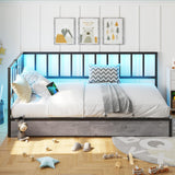 DICTAC Twin Size Corner Bed Frame with 2 Storage Drawers and Led Lights Metal Platform Bed Frame with Charging Station Modern Twin Daybed Frame for Living Room, Bedroom and Guest Room, Black&Gray DICTAC