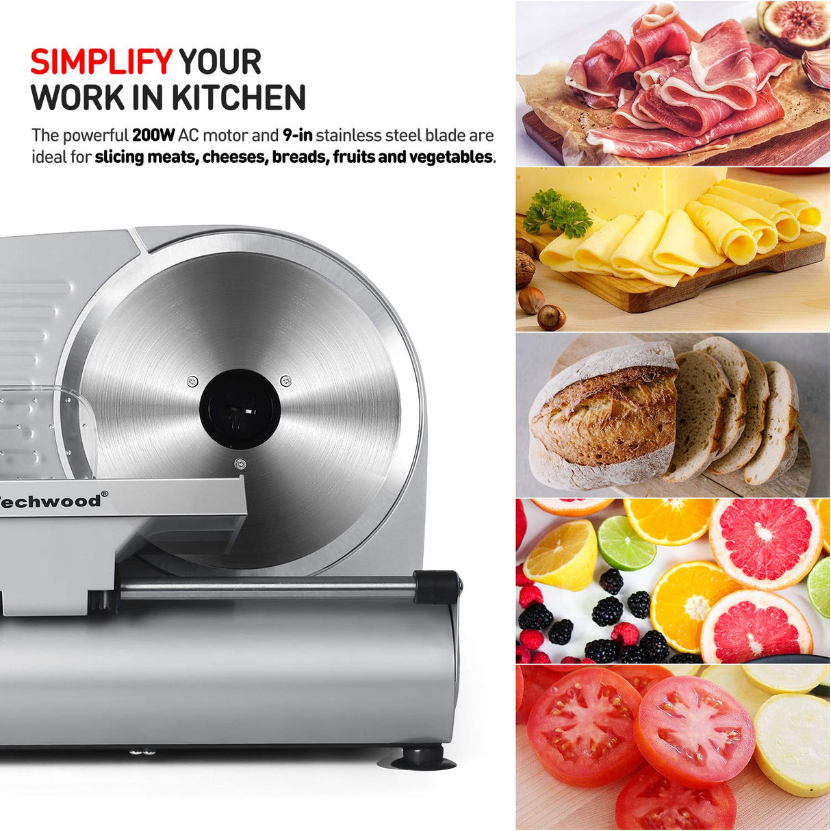 Meat Slicer, Techwood Electric Deil Food Slicer with Removable 9” Stainless Steel Blade, Deli Cheese Fruit Vegetable Bread Cutter with Adjustable Knob for Thickness, Food Carriage & Non-Slip Feet Techwood