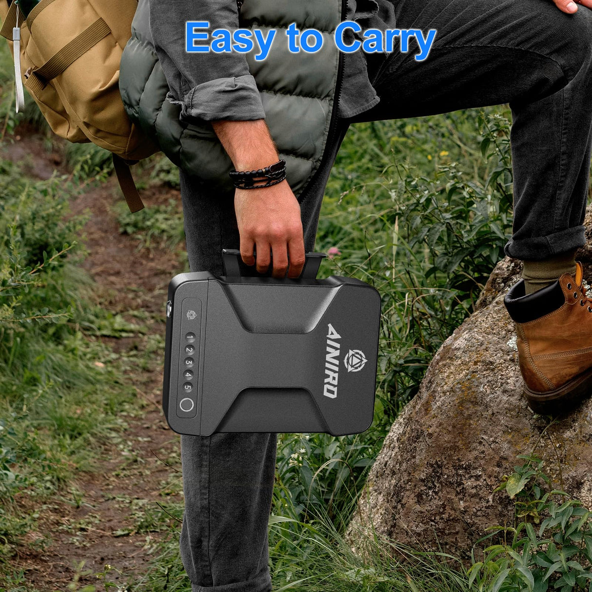 AINIRO Gun Safe for Handgun, Small Biometric Gun Safe with Built-in Handle Gun Lock Box for Pistols with Fingerprint, Keypad and Key Unlock Pistol Safe for Home, Car, Truck, Bedside Nightstand, Drawer AINIRO