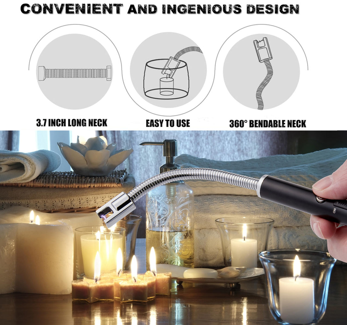TOMOLO Electric Lighter Candle Lighter Rechargeable Grill Lighter Arc Lighter with Flexible Neck, Battery Display Safety Switch for Candle Camping Cooking BBQs Fireworks (Black&Silver) TOMOLO