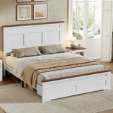 RALGEND Farmhouse Queen Size Bed Frame with 51.2" Tall Headboard & Footboard, Wooden Platform Bed Frame with Large Storage Drawers, No Squeak, No Box Spring Needed, White and Walnut RALGEND