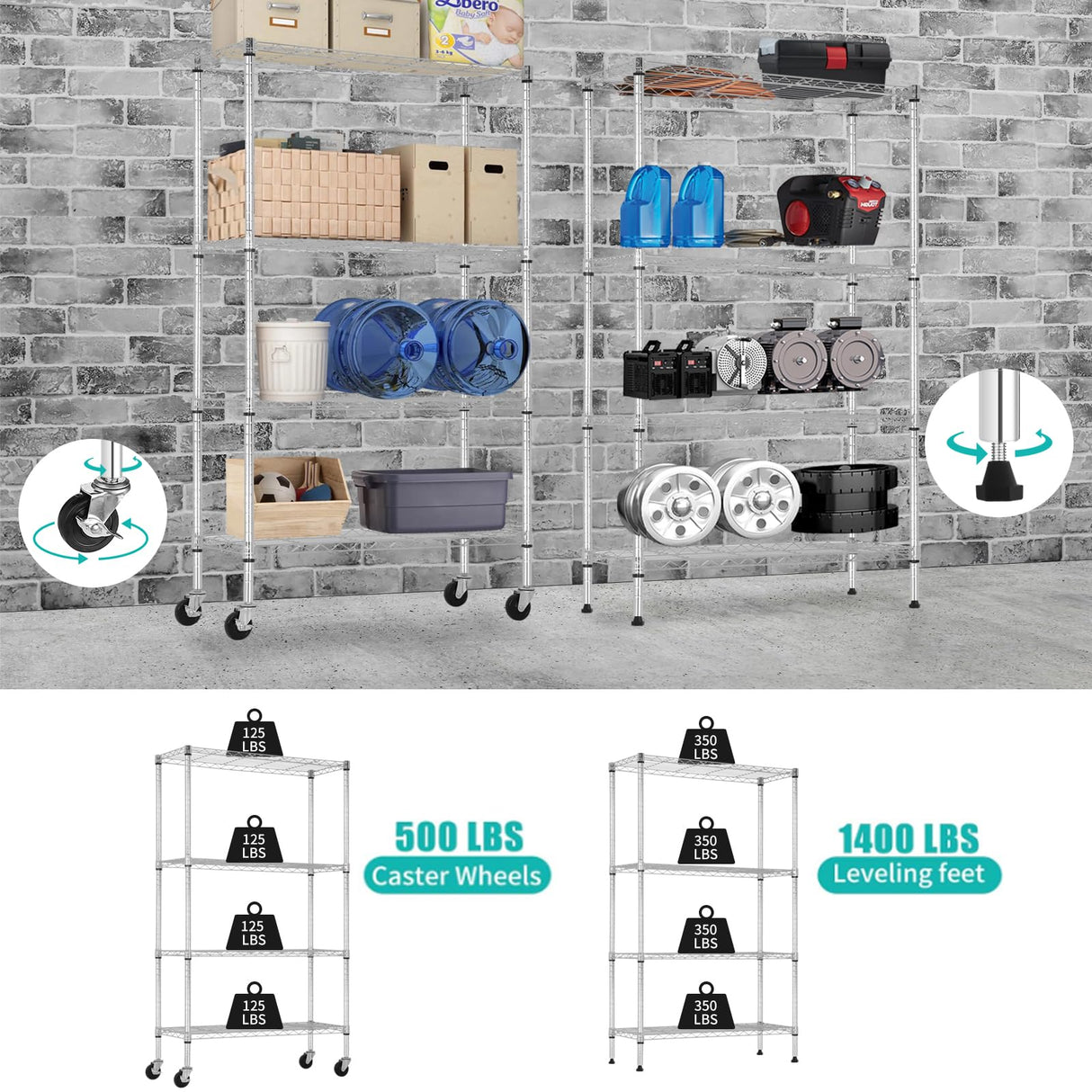 YRLLENSDAN Storage Shelves with Wheels, Heavy Duty 4 Tier Garage Storage Rack, Adjustable Wire Shelving Unit, Metal Shelf Organizer for Pantry, Kitchen, Basement, 36" W x 14" D x 62" H, Chrome YRLLENSDAN