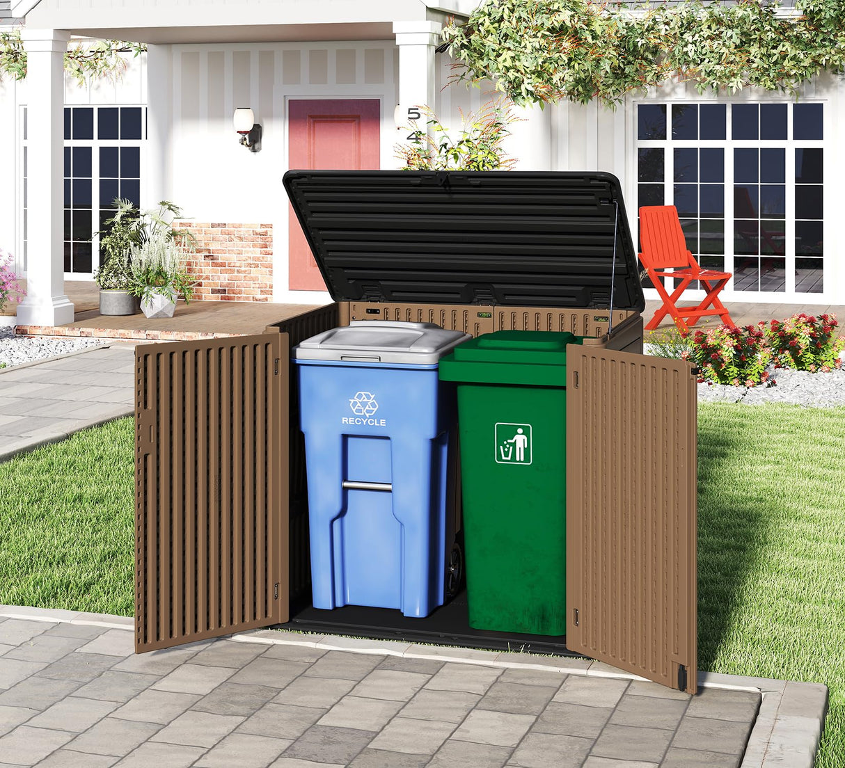 HOMSPARK Storage Shed Weather Resistance, Multi-Purpose Outdoor Storage Cabinet for Backyards and Patios, Horizontal Storage Shed for Lawnmower, Patio Accessories (Brown, X Large - 48 cu.ft) HOMSPARK