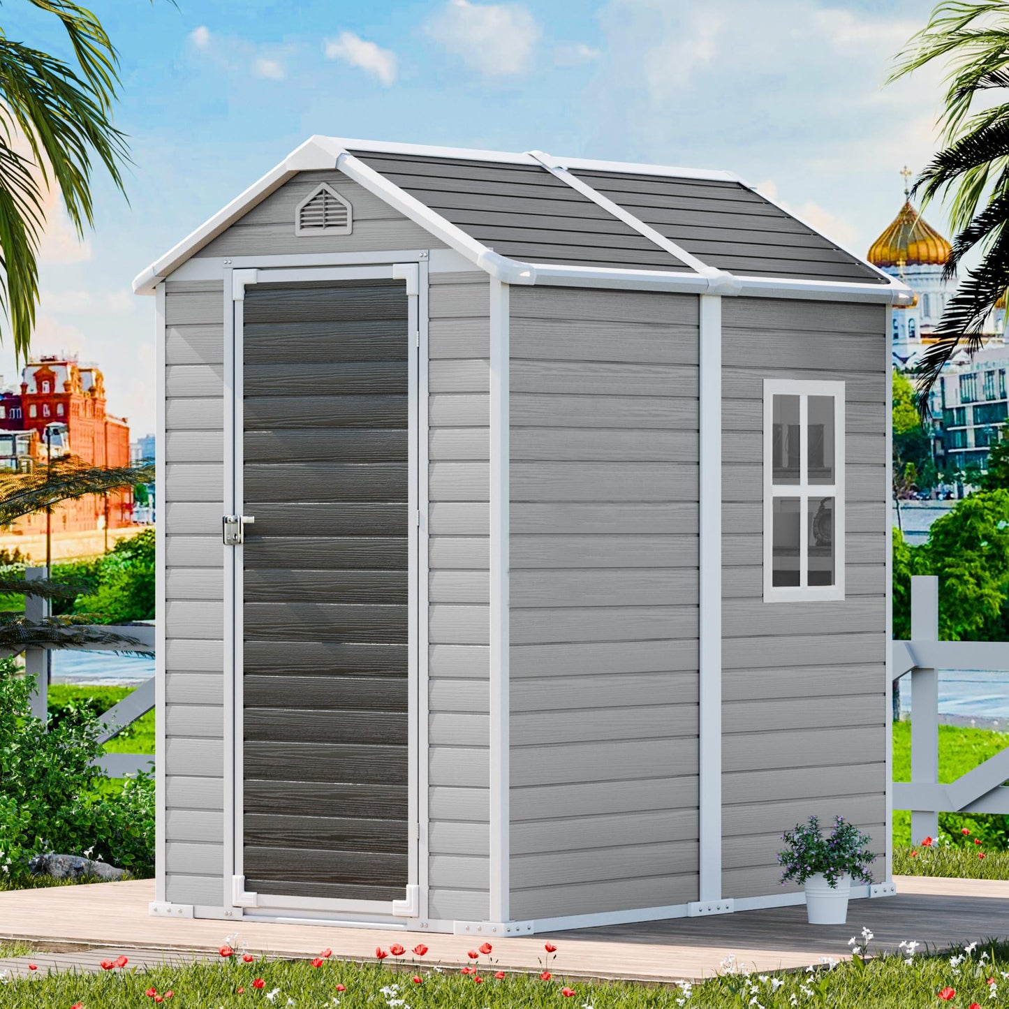 CDCASA 6x4 FT Outdoor Resin Storage Shed with Floor & Lockable Door & Window & Vents Included, Waterproof Outside Plastic Sheds for Backyard, Patio, Poolside, Lawn, Gray