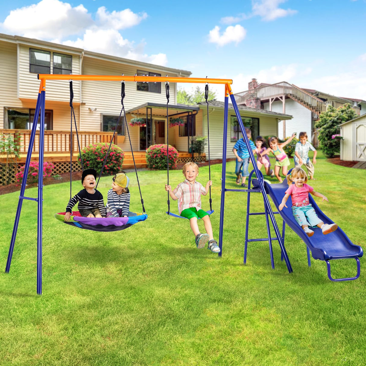Lunafun Swing Set for Backyard with Kids Slide 440lbs Heavy-Duty Metal A-Frame 1 Saucer Swing Seat 1 Swings Seat & 1 Slide Lunafun