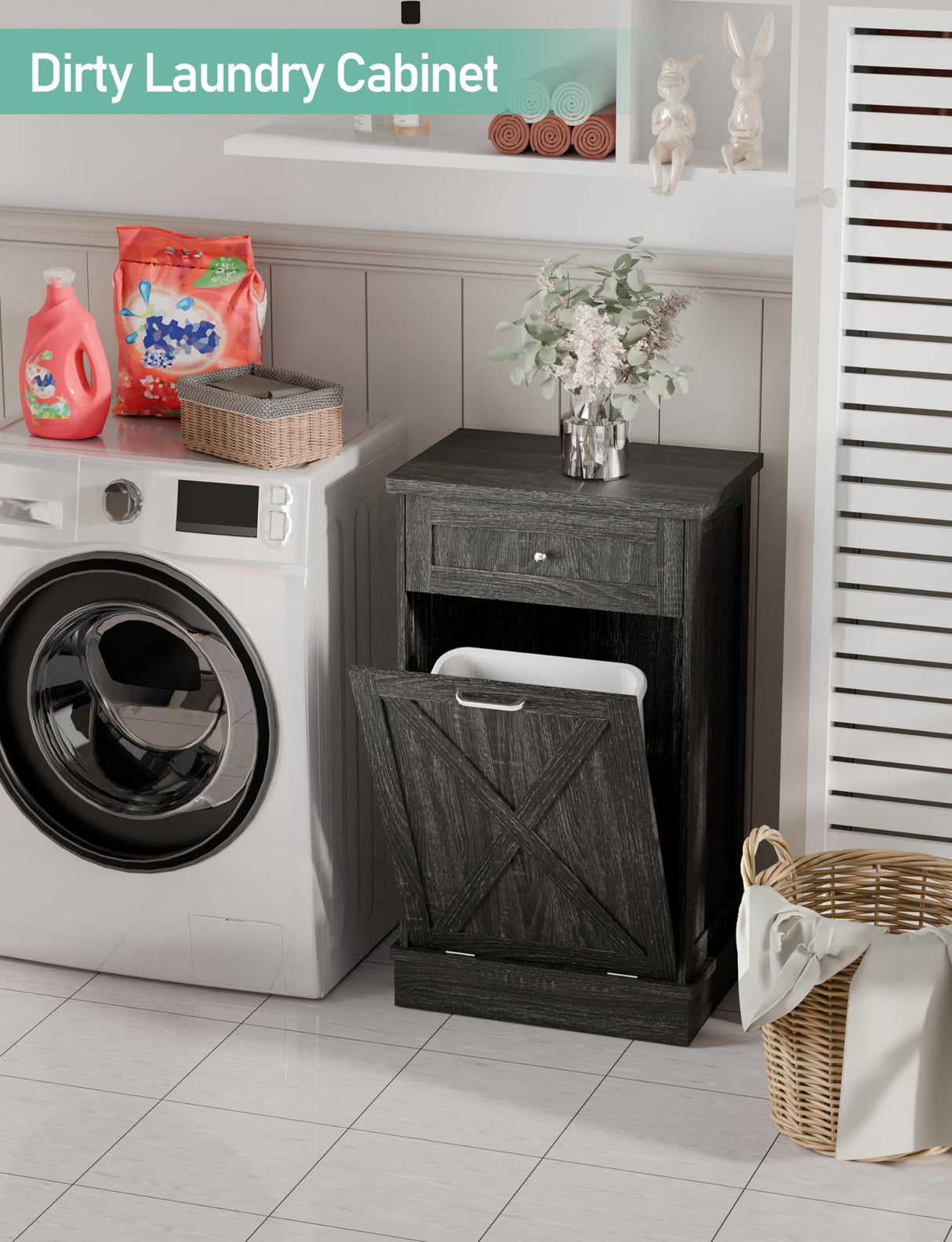 TOLEAD Tilt Out Trash Cabinet,Antique-Style Barn Door Kitchen Island with Solid Wood Tabletop & Drawer, Pet Proof Trash Can, Wood Laundry Cabinet（Oak Grey） TOLEAD