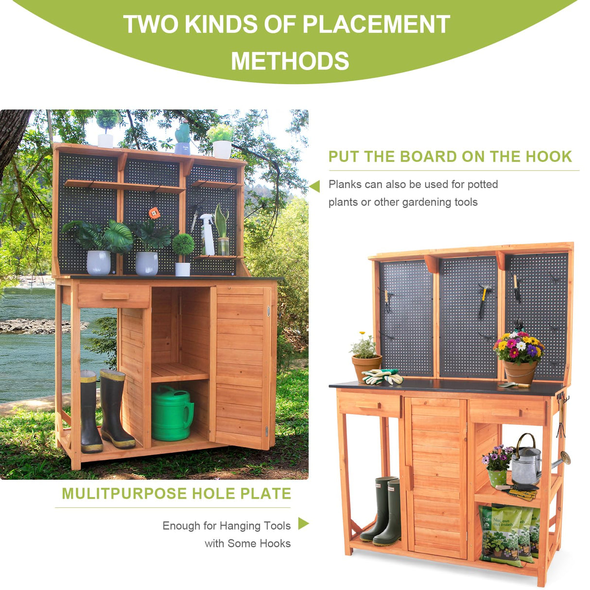 Outdoor Potting Bench,Wooden Potting Table with Metal Tabletop,Garden Work Bench with Drawer and Free Matching Storage Cabinet Shelf/Hooks for Backyard,Patio,Greenhouse (Black, 40 * 59 * 20in) Agitree