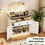 Farmhouse LED Storage Cabinet With Glass TOP,Smart Buffet Sideboard Cabinet with Charging Station,Standing Coffee Bar Cabinet With 2 Doors &Drawer for Bathroom,Kitchen,Living Room,Bedroom,White FREDEES