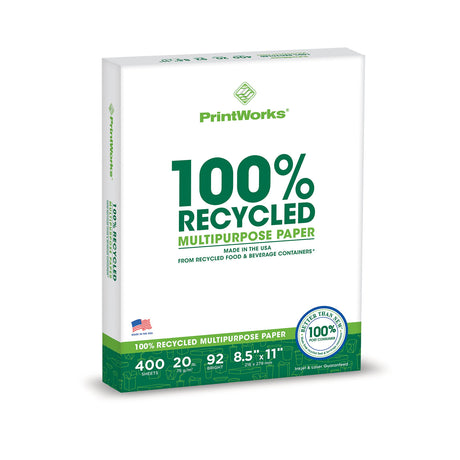 Printworks 100 Percent Recycled Multipurpose Paper, 20 Pound, 92 Bright, 8.5 x 11 Inches, 400 sheets (00018), White PrintWorks