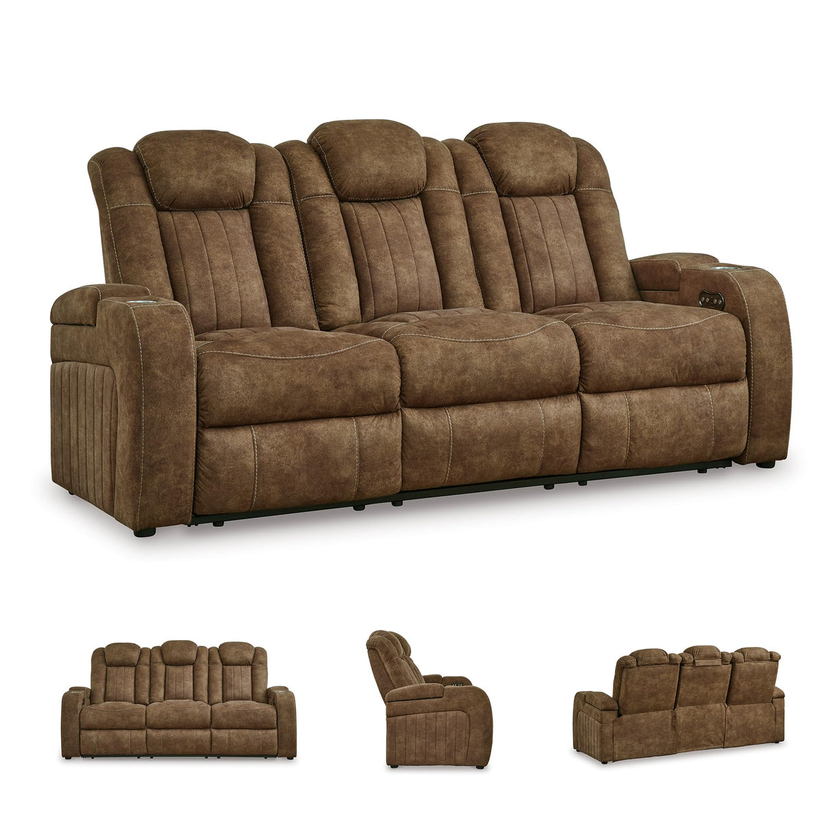 Signature Design by Ashley Wolfridge Contemporary Faux Leather Power Reclining Sofa with Drop Down Table, LED Lights, Electrical Outlet, Wireless Charging, USB Ports and Cup Holders, Light Brown Signature Design by Ashley