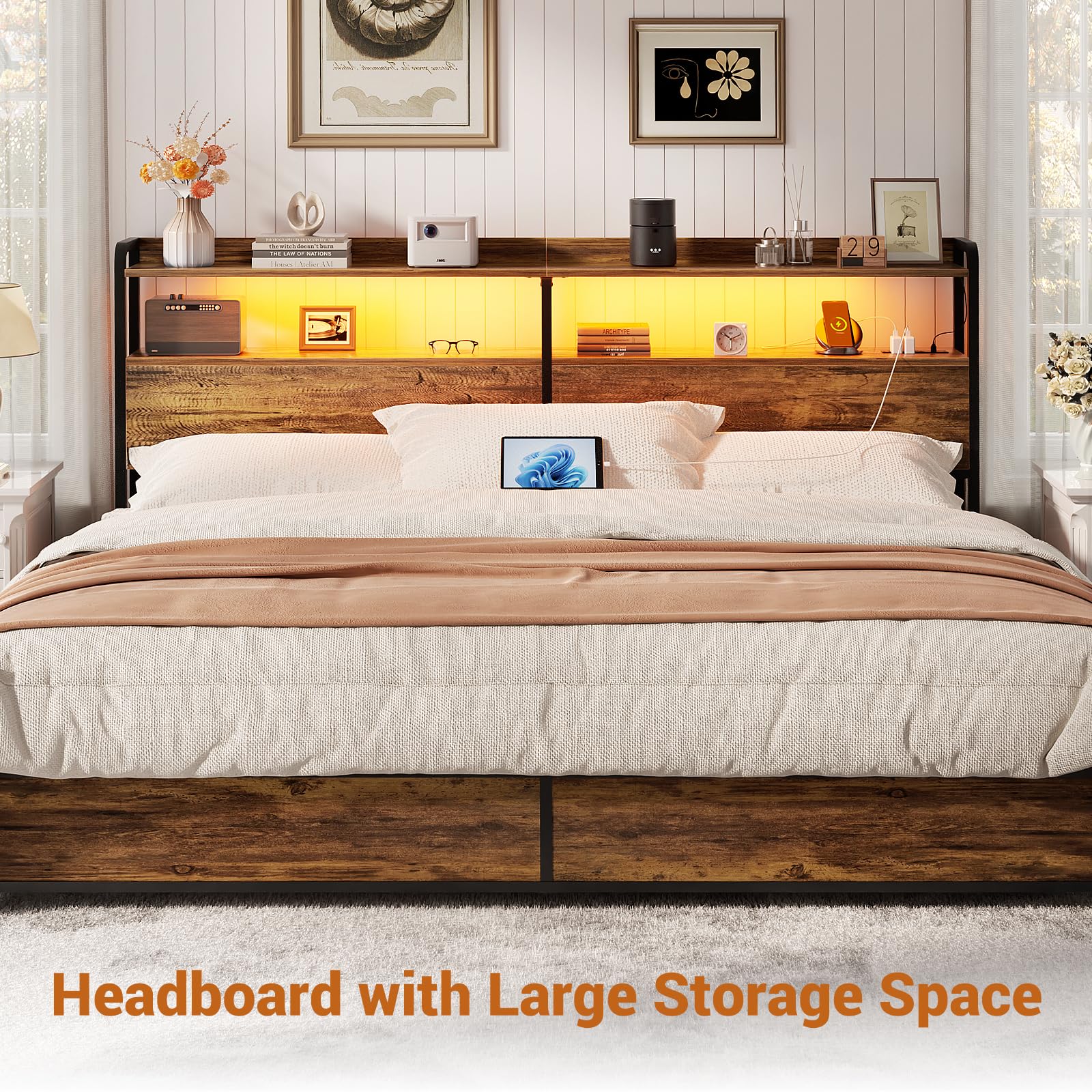 Aheaplus Rustic Brown King Size Headboard with USB Ports, LED Lights, and Storage Solutions - WoodArtSupply