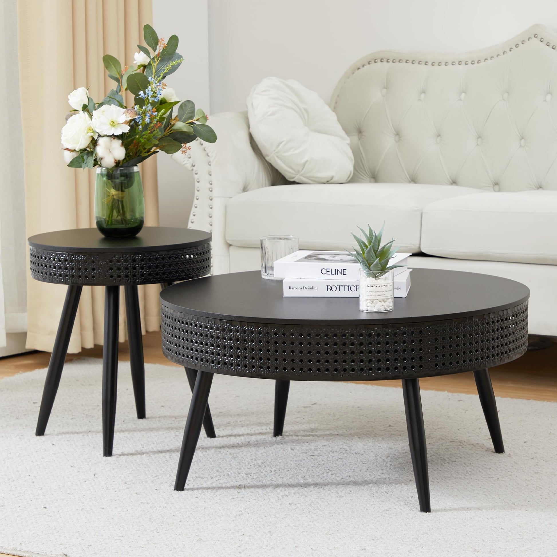 Modern Farmhouse Round End Table Set of 2,Iron Rattan Coffee Table with Hidden Storage Basket,29.1” Nesting Side Table for Living Room,Balcony,Patio,Swimming Pool (Black) - WoodArtSupply