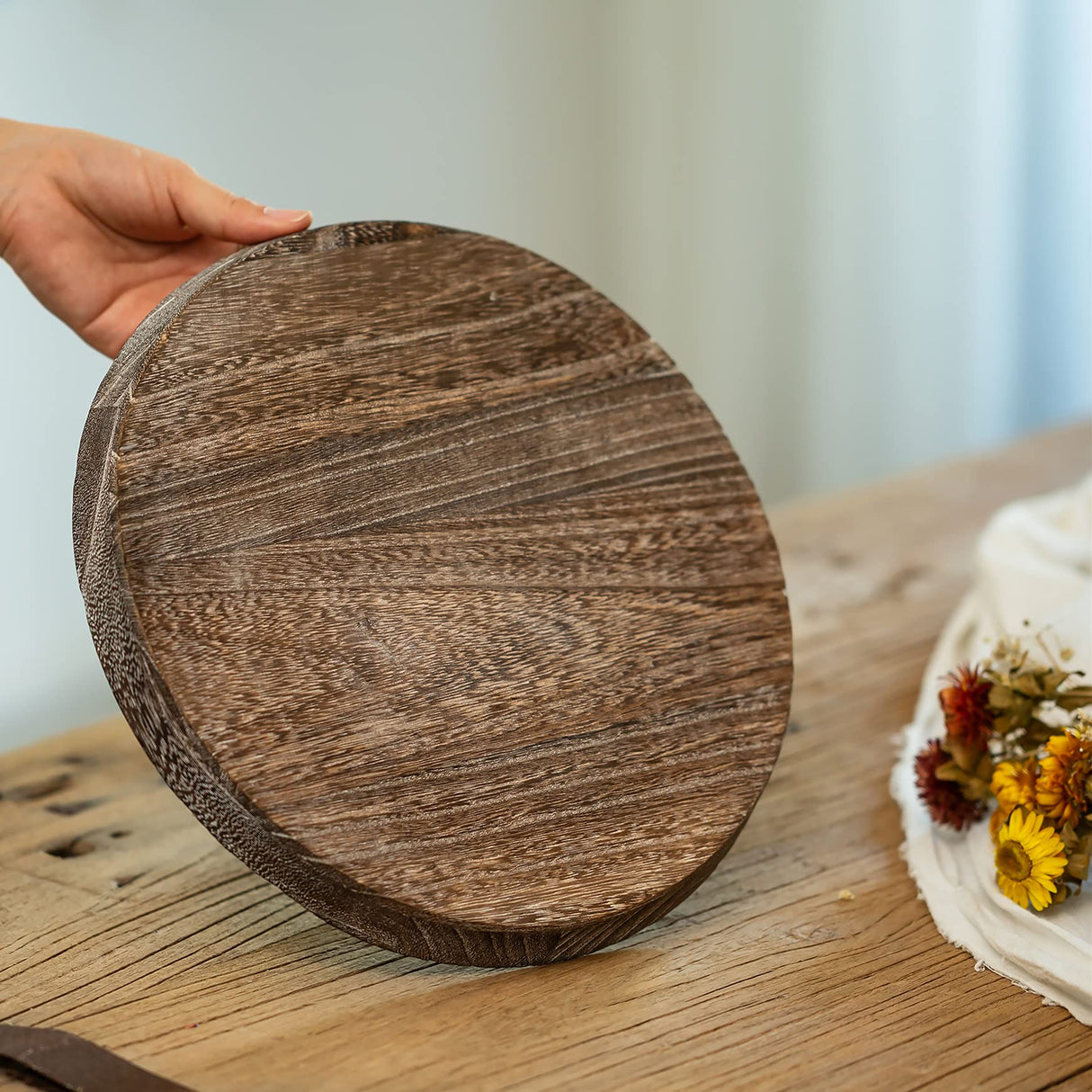Romadedi Rustic Wooden Tray Candle Holder - Small Wood Decorative Plate Pillar Candle Tray for Farmhouse Kitchen Countertop Bathroom Coffee Table Organizer Home Decor Wedding Centerpiece, 11inch Romadedi