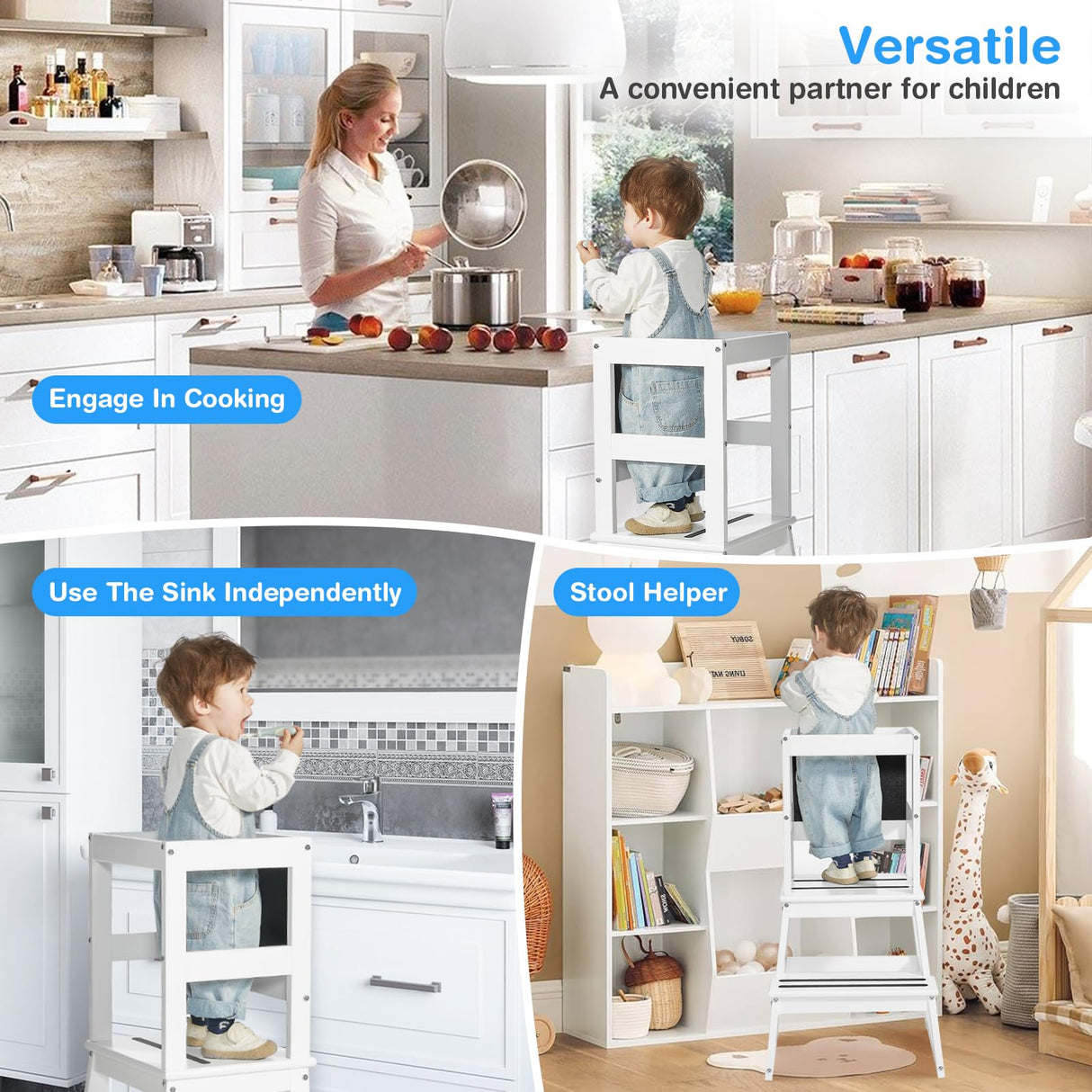 Yojoker Kids Kitchen Step Stool - Toddler Standing Tower, Toddler Kitchen Stool Helper, Montessori Kids Learning Stool with Safety Rail, Anti-Slip Mats and Chalkboard (White) Yojoker