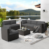 SUNCROWN 7-Piece Outdoor Patio Furniture Sofa Set All-Weather Black Wicker Sectional Conversation Set with Modern Glass Coffee Table and Cushions, Backyard, Garden, Poolside, Grey SUNCROWN