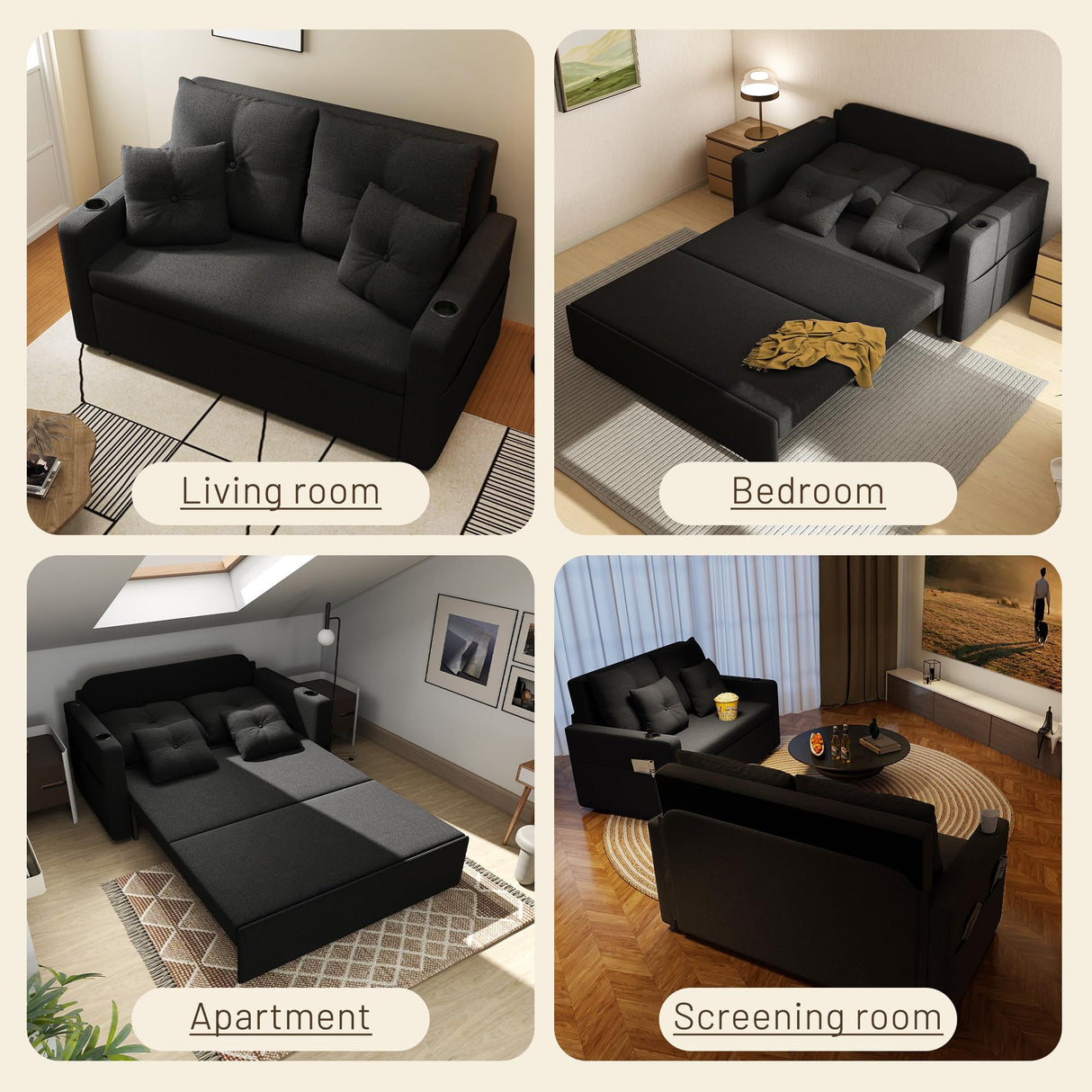 Krcix 3 in 1 Sofa Bed, 56 Inch Convertible Pull Out Couch, Loveseat Sleeper Sofa with Cup Holders, USB, Couch Bed for Living Room, Bedroom, Apartment, Black Krcix