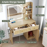 Yechen 35" Boho Makeup Vanity Table with LED Lighted Mirror & Power Strip, Wooden Dressing Table Set with Rattan Drawers, Storage Shelves and Cushioned Stool for Bedroom, Perfect for Girls Women Gift Yechen