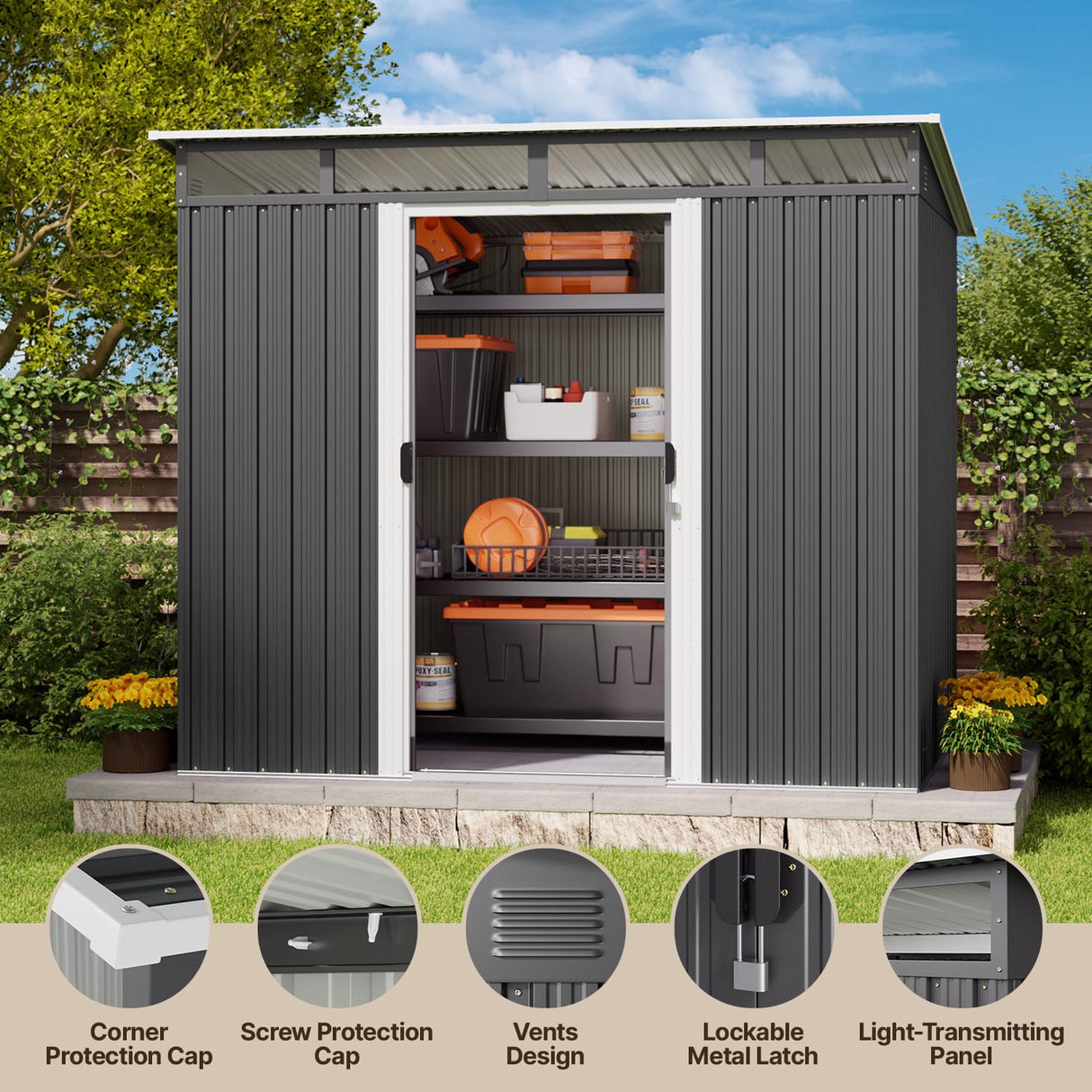 Gizoon 7.4'x5.3' Outdoor Storage Shed Metal Garden Shed with Sliding Lockable Doors, Versatile Tool Bike Shed with Transparent Panel Windows, Outdoor Storage Clearance for Backyard, Patio, Dark Gray Gizoon