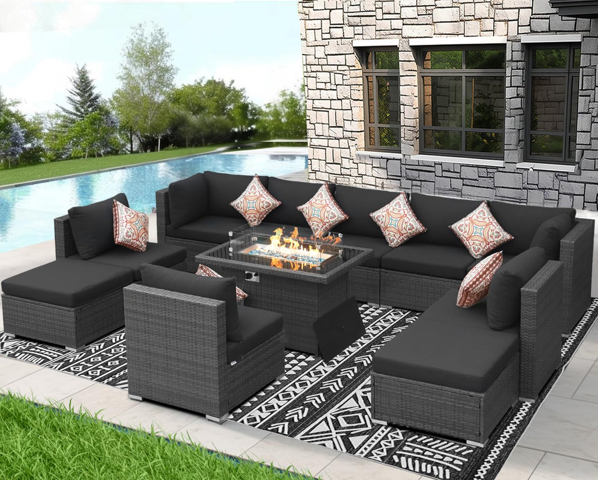 NICESOUL 11 Piece Outdoor Furniture Set with Firepit, Luxury Big 10-Person Patio Sectional, Chill 29.3'' High-Back Backyard Seating Area, All-Weather Rattan Couch Set for Outside, Deck, Dark Grey NICESOUL