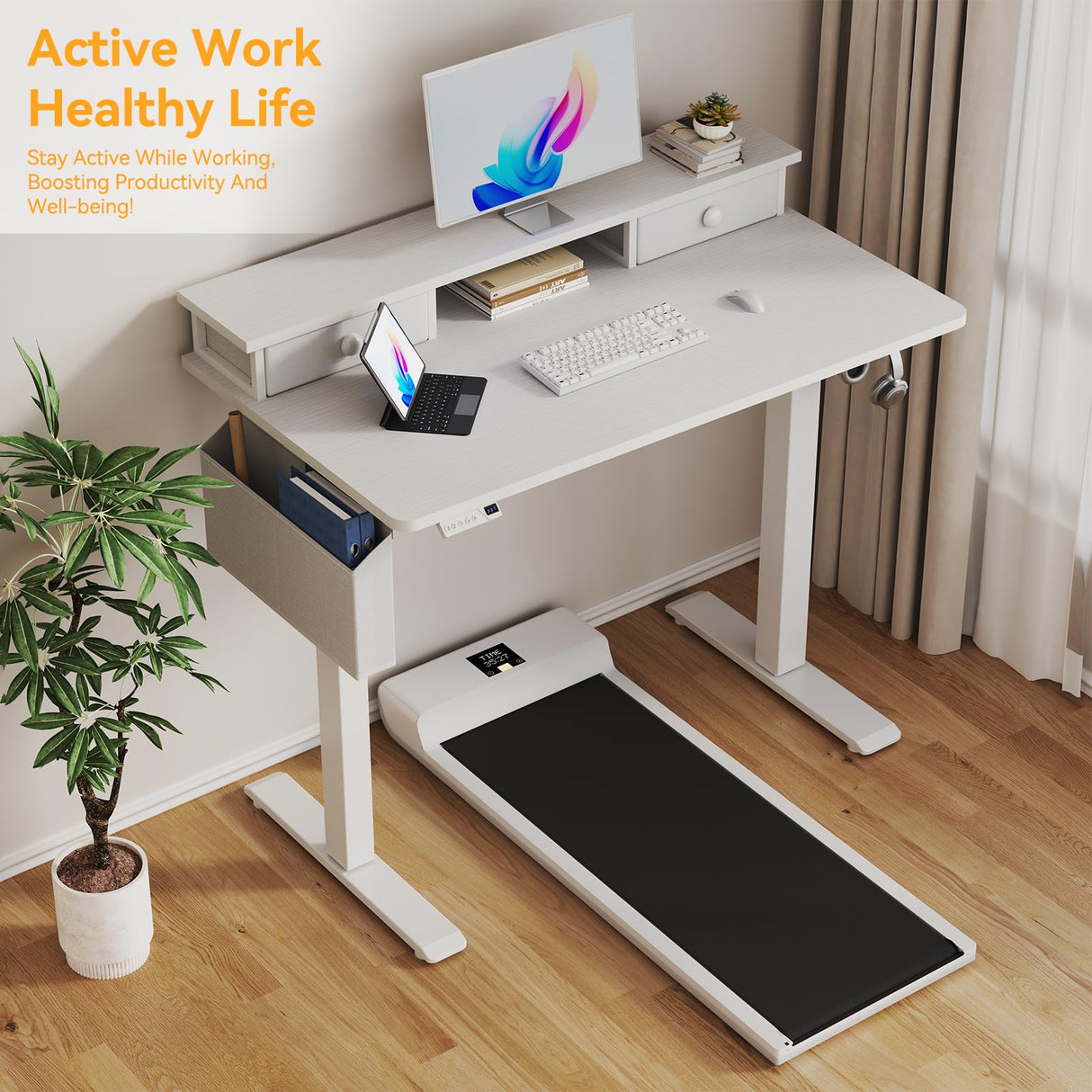 White Electric Standing Desk with Drawers - 40 Inch Small Standing Desk with Shelf Monitor Stand Storage Height Adjustable for Home Office, Study Writing Girls Computer Sit Stand Desks for Bedroom KLUVIS