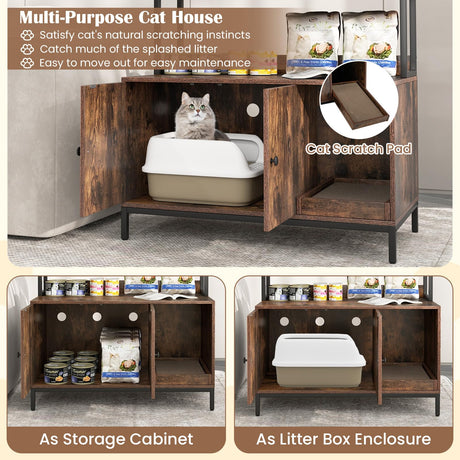 Tangkula Litter Box Enclosure with Shelves, Hidden Cat Washroom Cabinet with Storage, Winding Entry & Scratching Board, Versatile Litter Box Furniture (Rustic Brown) Tangkula