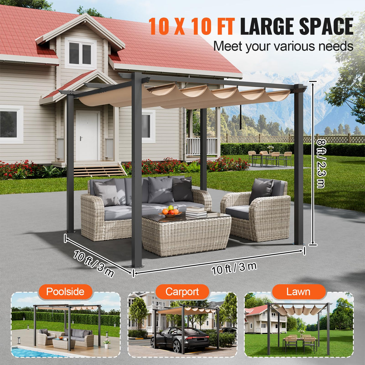 VEVOR 10'x10' Outdoor Retractable Pergola with Canopy, Aluminum Pergola with Retractable Canopy, Modern Pergola with Sun Shade Canopy for Patios, Gardens, Decks, Backyards (Beige) VEVOR