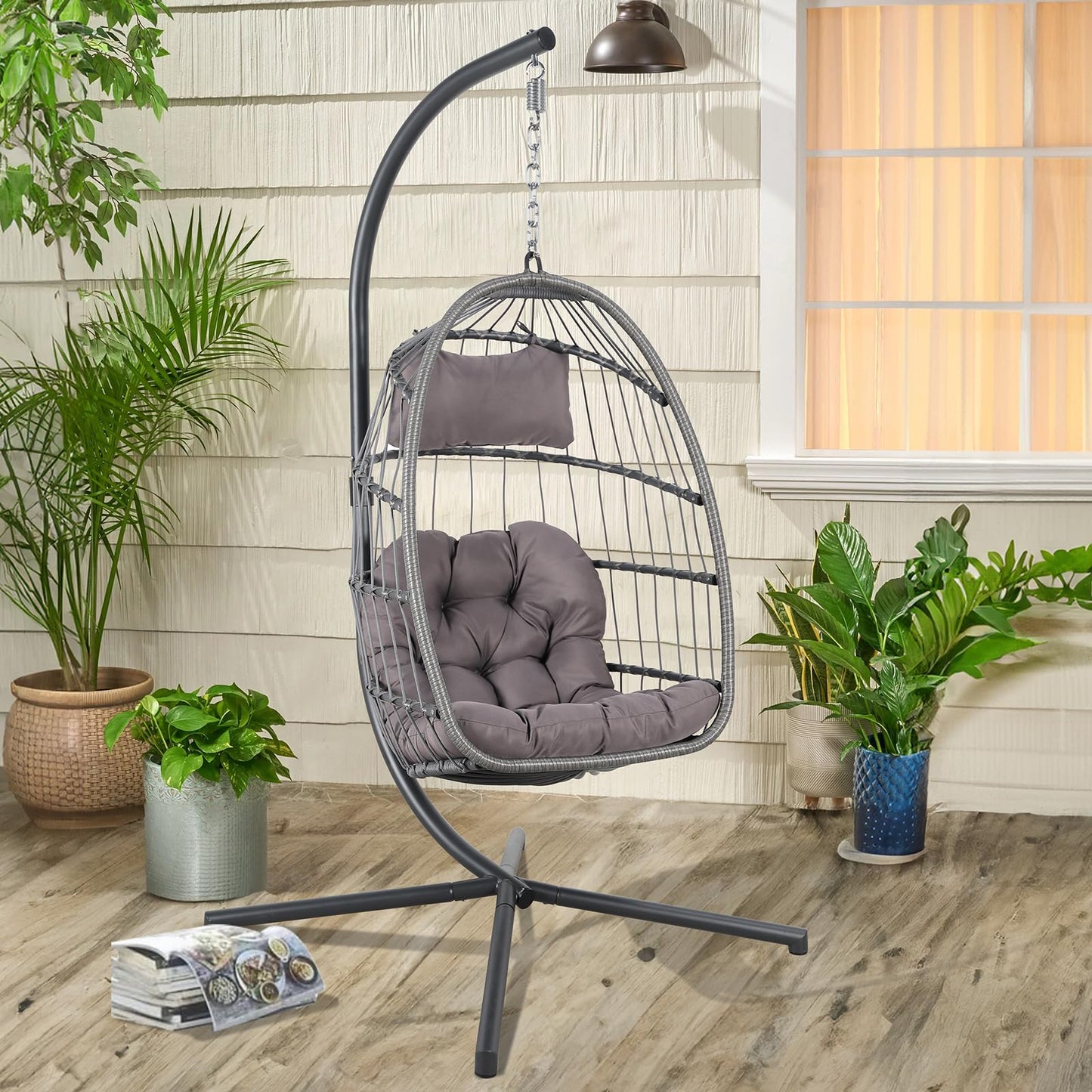 Yangming Hanging Egg Swing Chair with Stand and Weather Cover, Foldable for Indoor Outdoor, Wicker Rattan Basket with Cushion for Bedroom, Patio, Porch - WoodArtSupply