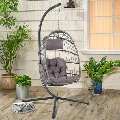 Yangming Hanging Egg Swing Chair with Stand and Weather Cover, Foldable for Indoor Outdoor, Wicker Rattan Basket with Cushion for Bedroom, Patio, Porch - WoodArtSupply