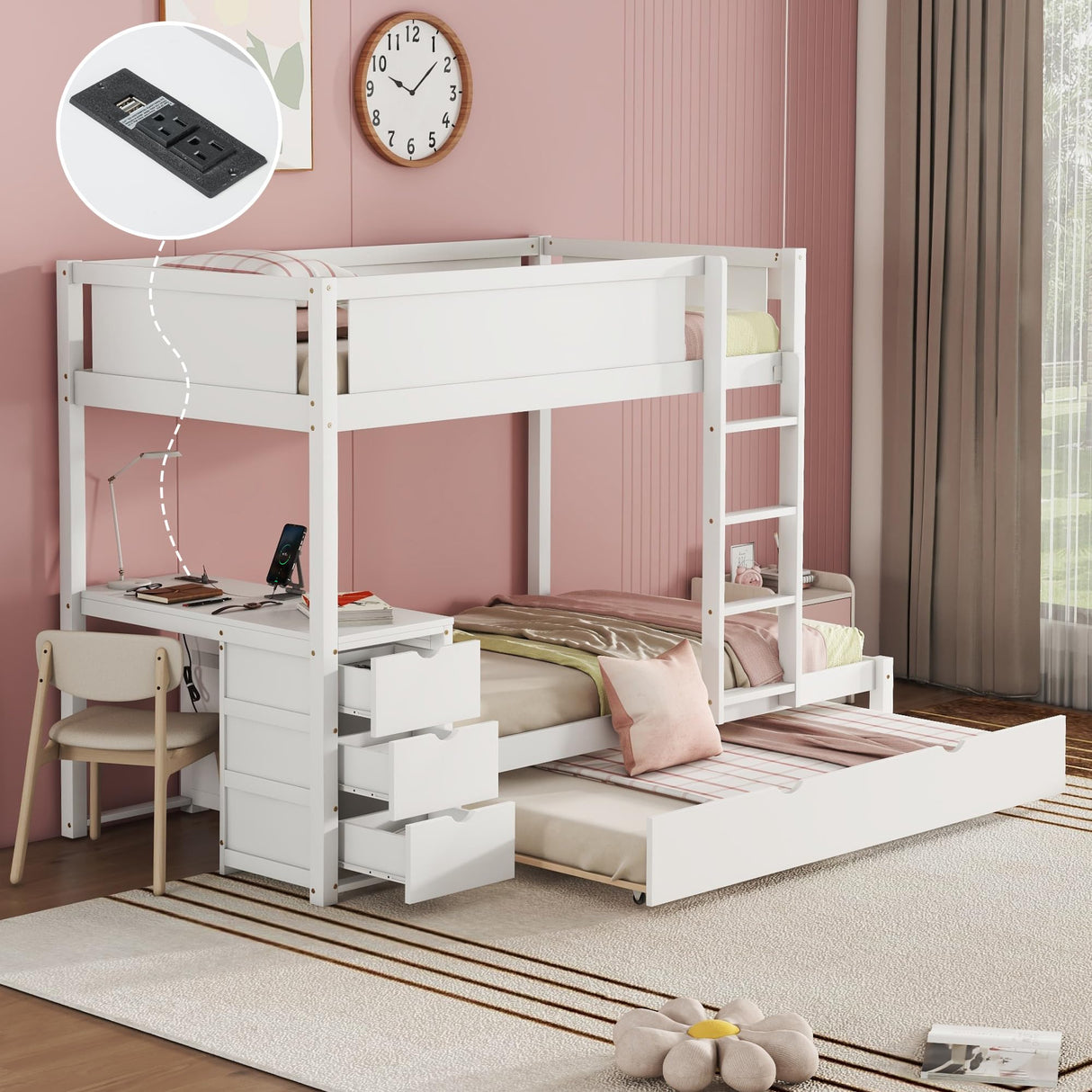 Ball & Cast Twin-Over-Twin Bunk Bed with Twin Size Trundle,Solid Wood Bedframe W/Desk & Drawers,USB,Space Saving,Easy Assembly,Multifunctional Bedroom Furniture Set for Boys Girls Teens,White Ball & Cast