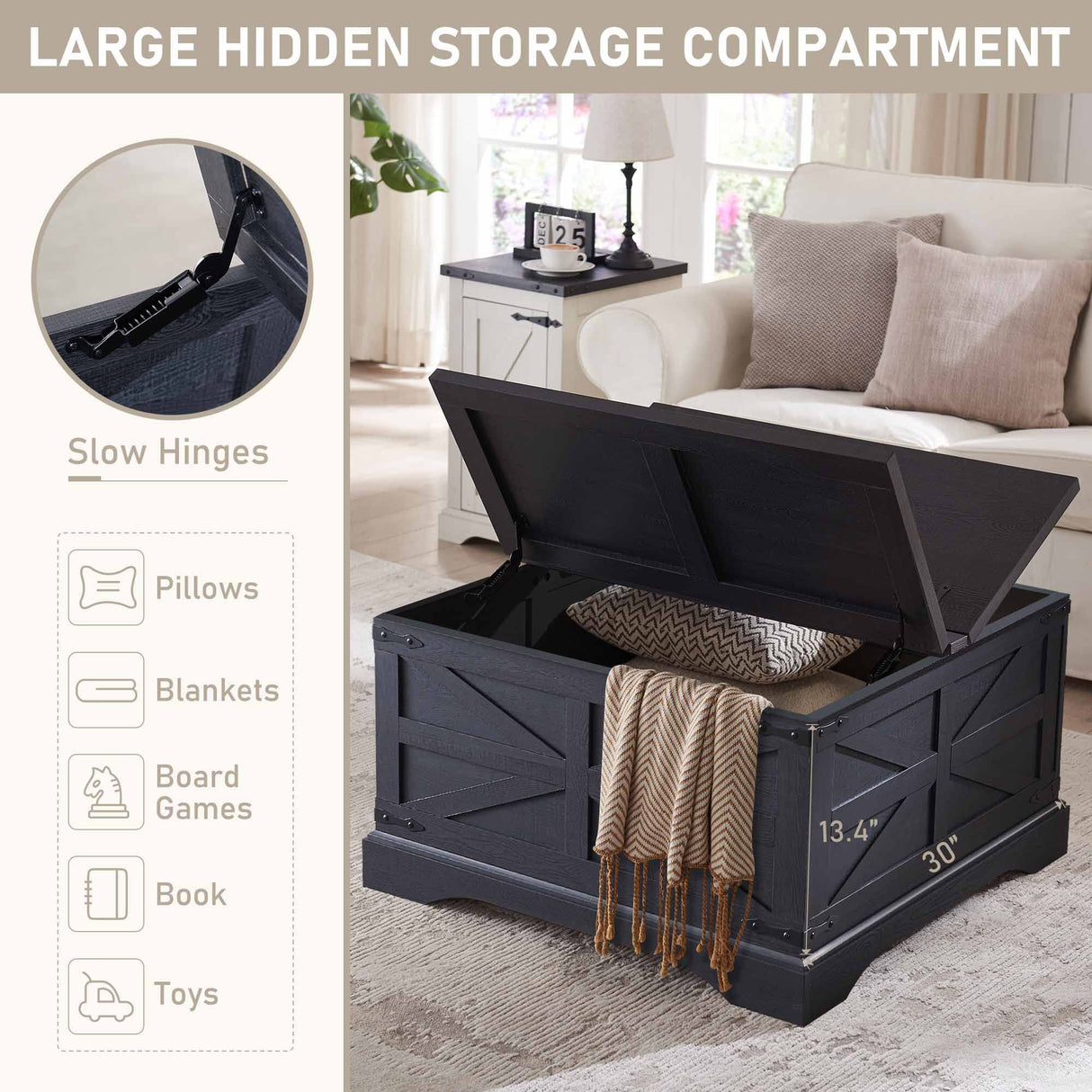 JXQTLINGMU Farmhouse Coffee Table, Square Wood Center Table with Large Hidden Storage Compartment for Living Room, Rustic Cocktail Table with Hinged Lift Top for Home, Black JXQTLINGMU