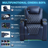 Weilianda Chic Top Grain Leather Home Theater Seating Power Headrest Recling Movie Gaming Recliner Sofa with 7 Colors Ambient Lighting, Golden Cup Holder Carbon Fiber Tray Table Loveseat Blue Weilianda