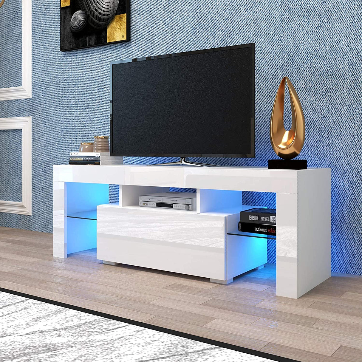 Goujxcy LED TV Stand for 60 inch TVs, High Gloss Entertainment Center with Storage Drawer, Media Console Table Television Stands Cabinet Desk Goujxcy