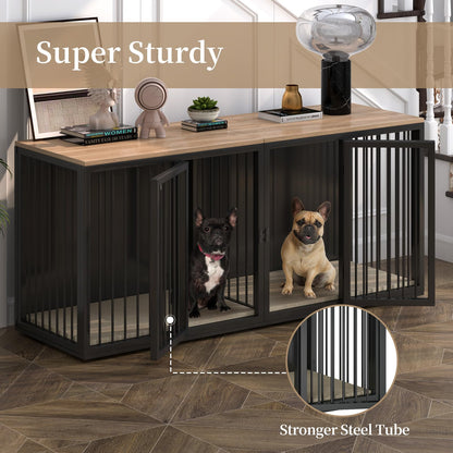 Large Dog Crate Furniture for 2 Dogs, 71.6'' Steel Frame Dog Crate with Double Doors, Heavy Sturdy Dog Kennel for Small Medium Large Dog, Indoor Double Dog Cage (Black) - WoodArtSupply