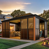 EROMMY 12'*16' Sunroom, with Front Door, Side Entrance, Galvanized Steel Double Top, Wood Grain Appearance, Aluminum Alloy Frame, Solarium Backyard Sun Room EROMMY