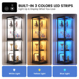 Glass Display Cabinet with Doors, 65" Tall 4-Tier Curio Display Case with 3 Color Lights and Human Body Sensor, Bookcase for Collectibles, Black TAGELIER