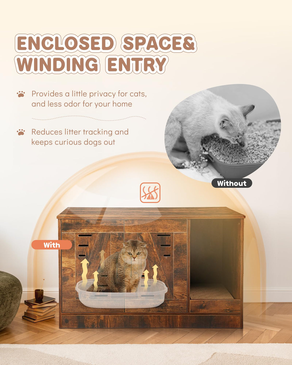 JubiNatural Cat Litter Box Enclosure, Hidden Cat Litter Box Furniture with Vent and Scratch Pad, Enclosed Odor Control, Easy Clean Panel, for Bedroom, Living Room, Rustic Brown JubiNatural