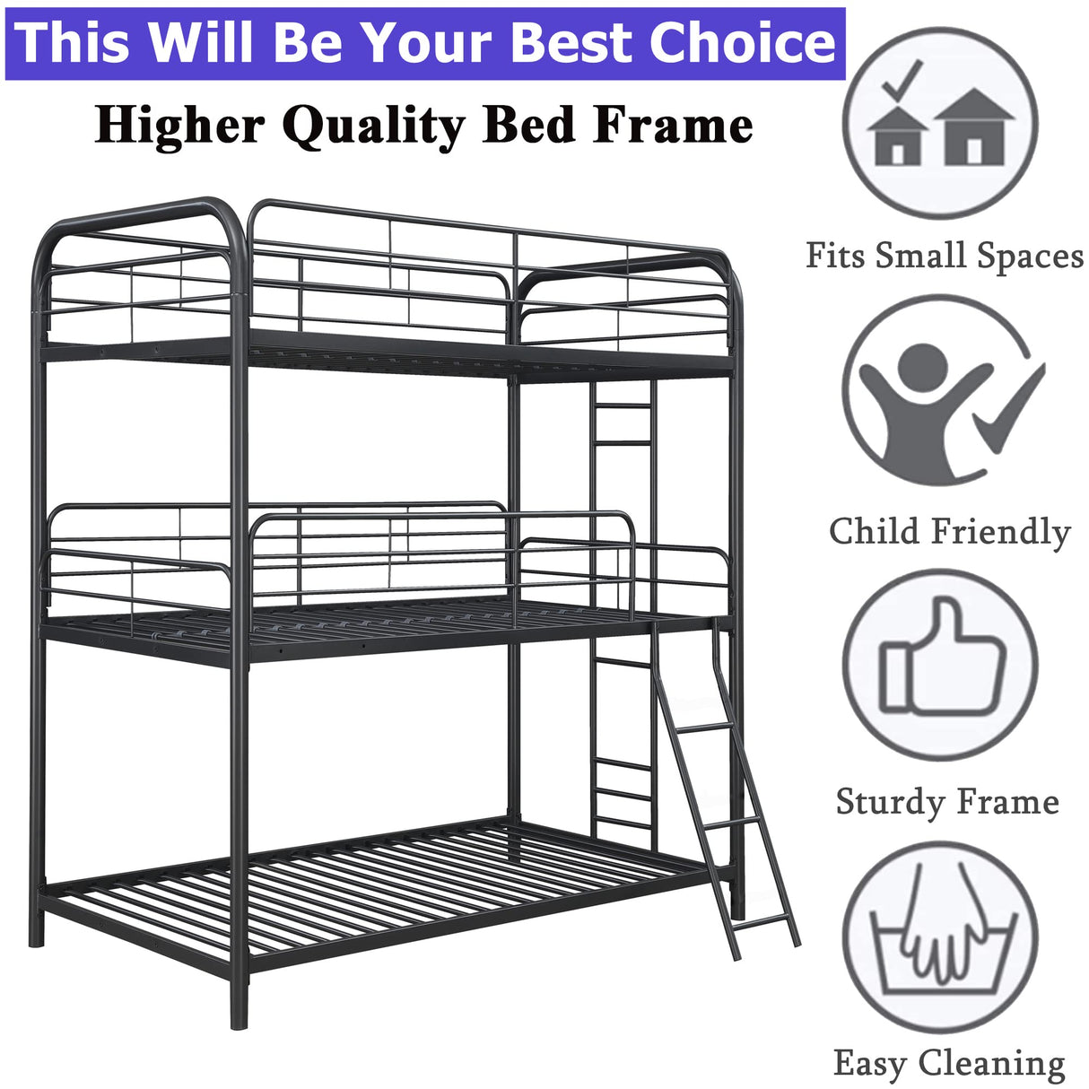 Movdevy Heavy Duty Metal Triple Bunk Beds for Adults and Kids and Teens, Modern Style Twin Over Twin Over Twin Size Triple Bunk Bed with Safe Guardrail, 3 Bunk Beds Easy to Assemble (Black) Movdevy