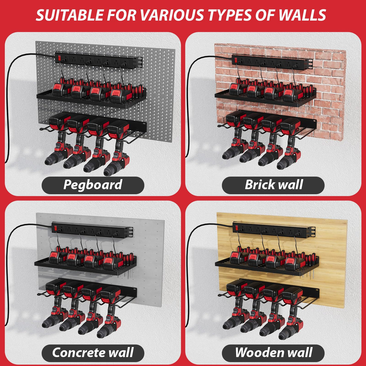 EAROND Power Tool Organizer With Charging Station, Wall Mount Drill Holder, Screwdriver and Battery Organizer, Heavy Duty Rack for Garage, Workshop, Tool Room, Workbench EAROND