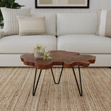 East at Main Live Edge Teak Wood Coffee Table, 31.5" Round, Natural Finish – Handcrafted Teak Wood Puzzled Together to Form a Unique Organic Accent Table for Rustic & Modern Decor East at Main